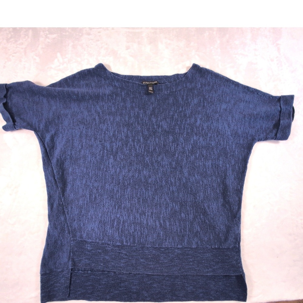 Eileen Fisher Organic Linen Cotton Knit Top Blue XXS Short Sleeve Boxy Sweater